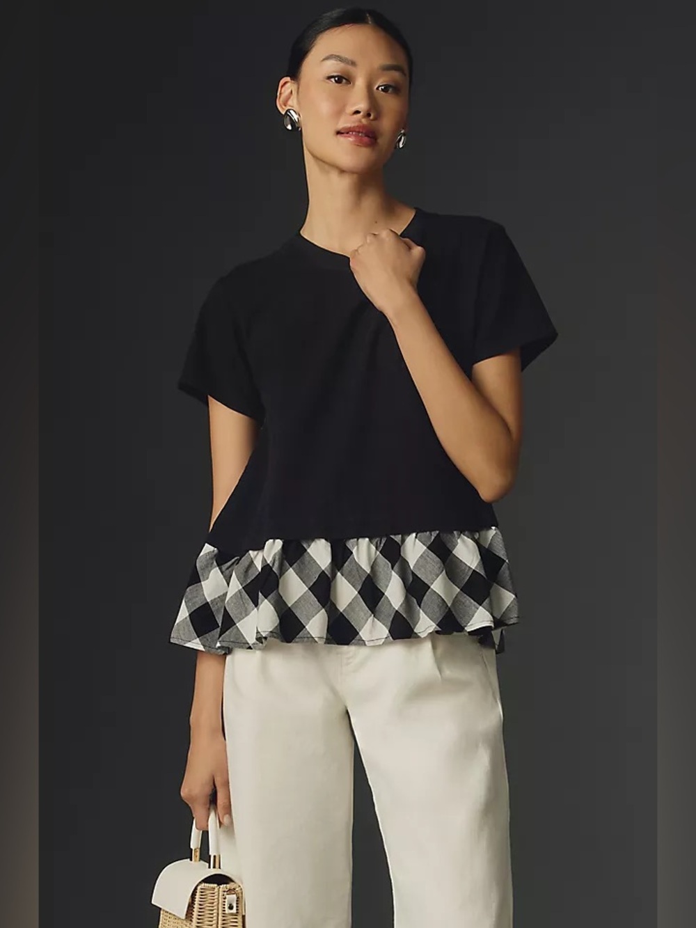 Anthropologie Maeve Short-Sleeve Gingham Peplum Top